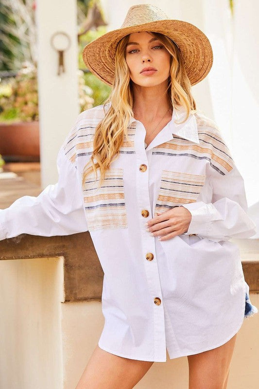 White Contrast Boho Print Oversized Shirts Top