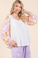 Ivory Combo Tropical Leaf Print Contrast Long Sleeve Top