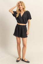 Black Set-Vneck Crochet Crop Top And Shorts Set