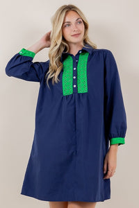 Navy Contrast Long Sleeve Collared Tunic Dress