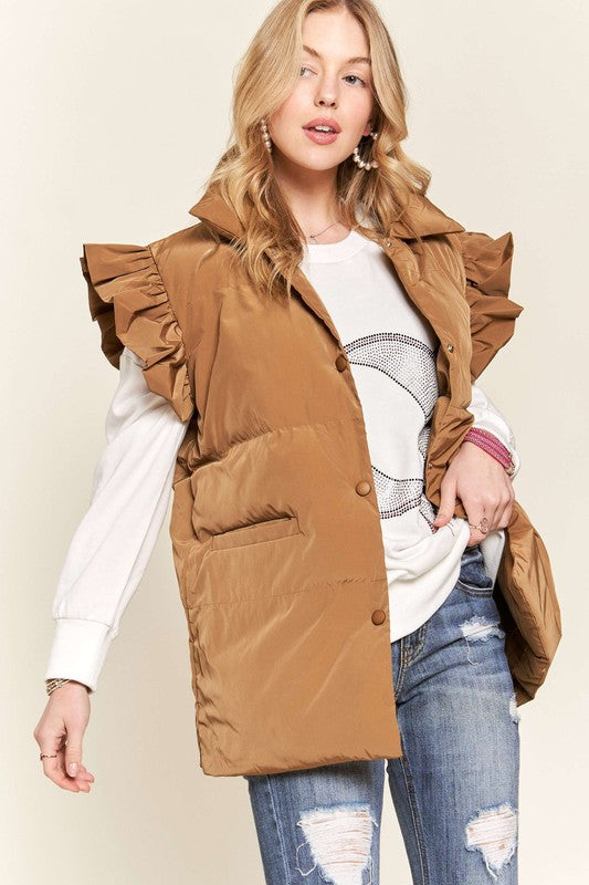 Camel Ruffle Sleeve Down Vest