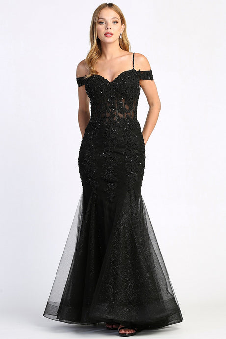 Black Lace Embellished Off the Shoulder Fit & Flare Prom Gown With Sheer Boned Bodice