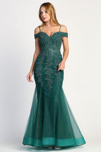 Emerald Lace Embellished Off the Shoulder Fit & Flare Prom Gown With Sheer Boned Bodice