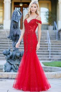 Red Lace Embellished Off the Shoulder Fit & Flare Prom Gown With Sheer Boned Bodice