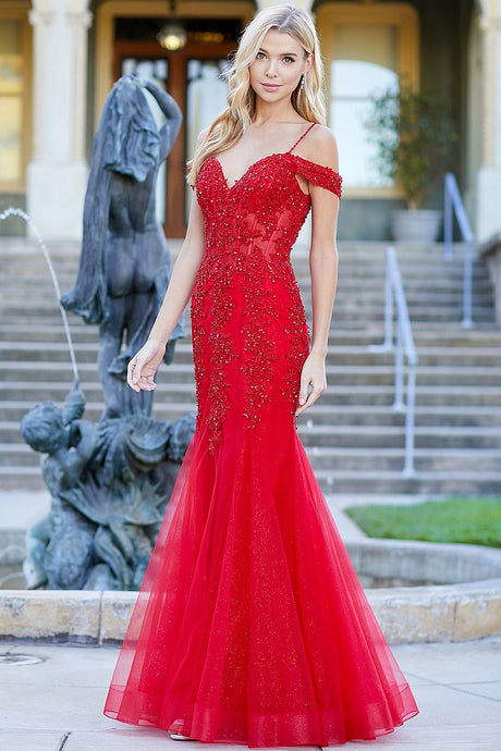 Red Lace Embellished Off the Shoulder Fit & Flare Prom Gown With Sheer Boned Bodice