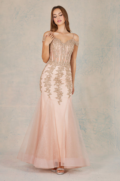 Rose Gold Lace Embellished Off the Shoulder Fit & Flare Prom Gown With Sheer Boned Bodice