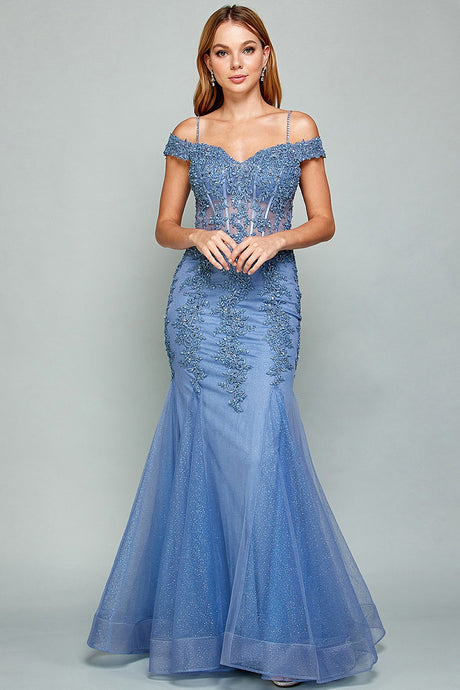 Slate Blue Lace Embellished Off the Shoulder Fit & Flare Prom Gown With Sheer Boned Bodice