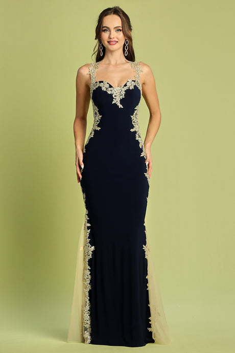 Navy/Gold Embroidered Fitted Sleevelee Gown