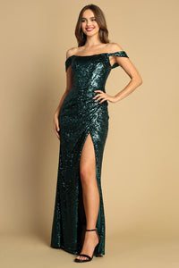 Emerald Full Sequin Off The Shoulder Fit & Flare Prom Gown With Lace Up Back & Leg Slit