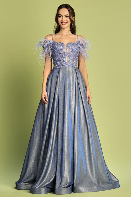 Periwinkle Cold Shoulder Metallic Glitter Feather Gown