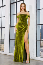 Olive Green Stretch Velvet Off The Shoulder Fit & Flare Prom Gown