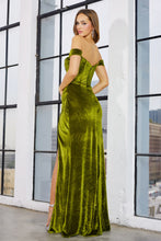 Olive Green Stretch Velvet Off The Shoulder Fit & Flare Prom Gown