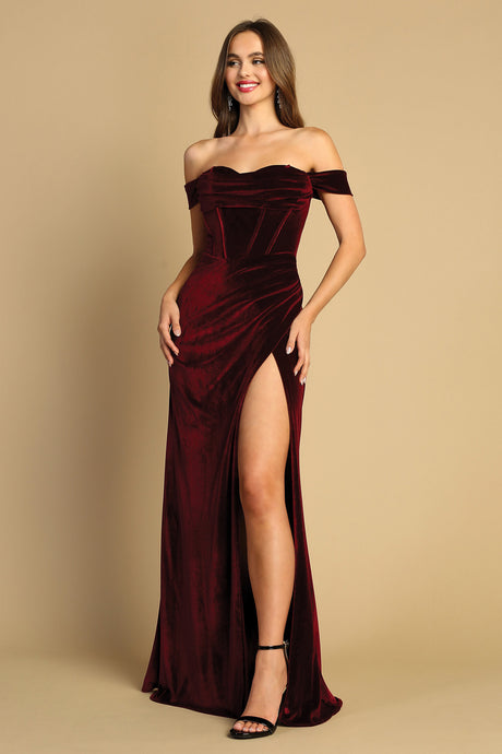 Burgundy Stretch Velvet Off The Shoulder Fit & Flare Prom Gown