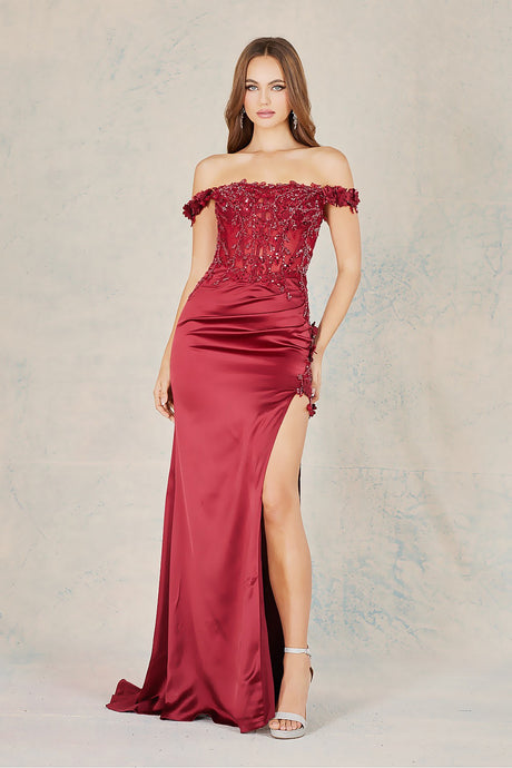 Burgundy Embroidered Off Shoulder Corset Slit Gown