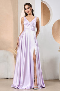 Lilac Satin A-Line Lace-Up Dress/Pocket