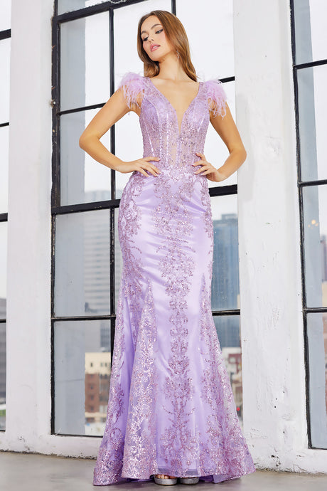 Lavender Glitter Print Fit & Flare Prom Gown With V-Neck Sheer Boned Bodice & Feathered Accented Straps