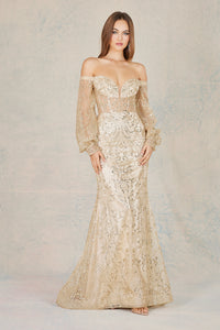 Champagne Long Sleeve Off Shoulder Gown With Glitter Print