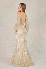 Champagne Long Sleeve Off Shoulder Gown With Glitter Print