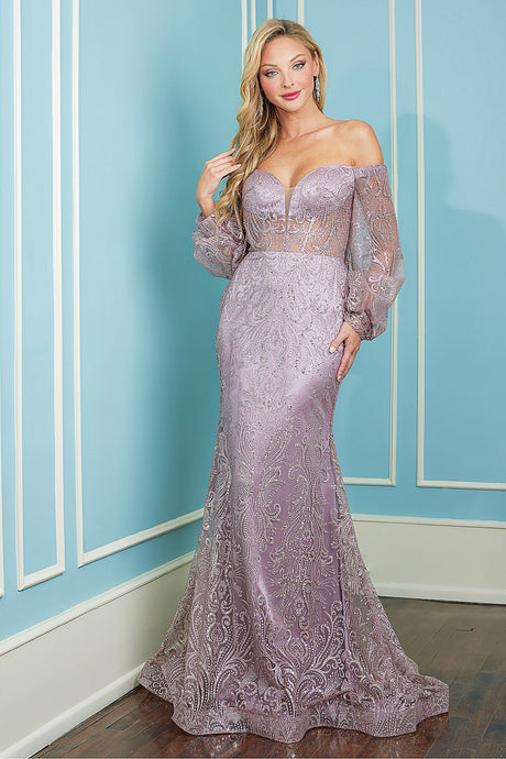 Mauve Long Sleeve Off Shoulder Gown With Glitter Print