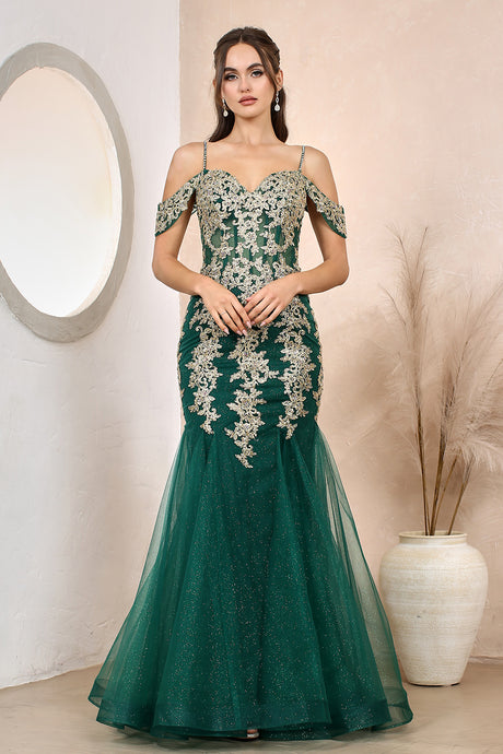 Emerald/Gold Applique Cold Shoulder Mermaid Dress