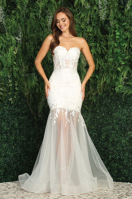 Off White Sheer Mermaid Dress with Applique and Sweetheart Neckline