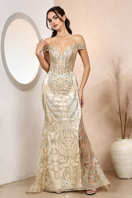 Champagne Glitter Print Off Shoulder Mermaid Gown