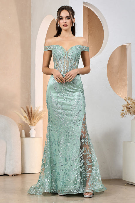 Sage Glitter Print Off Shoulder Mermaid Gown