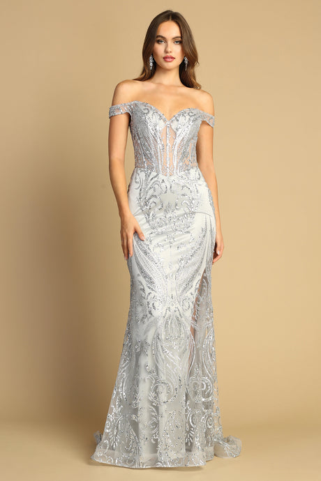 Silver Glitter Print Off Shoulder Mermaid Gown