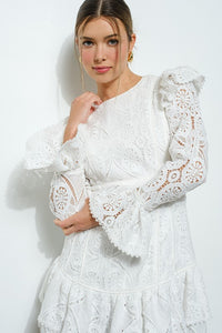 White Lace Ruffled Long Sleeve Tiered Mini Dress