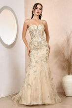 Champagne Sequined Appliqué Strapless Bustier Long Evening Gown