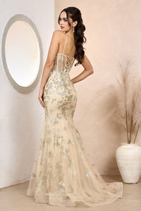 Champagne Sequined Appliqué Strapless Bustier Long Evening Gown