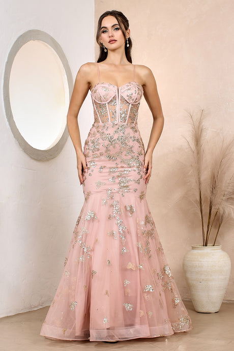 Rose Sequined Appliqué Strapless Bustier Long Evening Gown