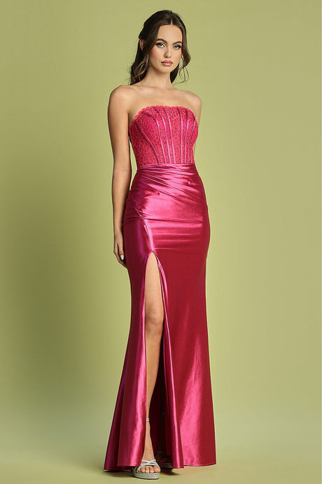 Fuchsia Stretch Satin Strapless Embellished/Long Slit Gown
