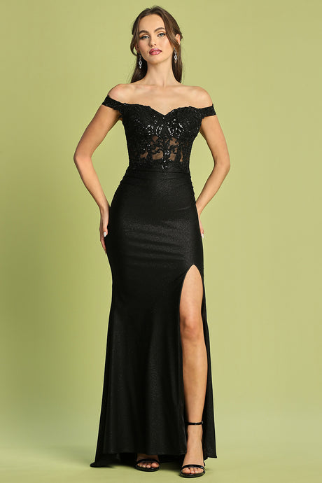 Black Embroidered Off Shoulder Corset Slit Gown