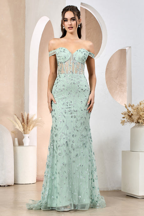 Sage Fitted Sequin Print Off Shoulder Slit Gown