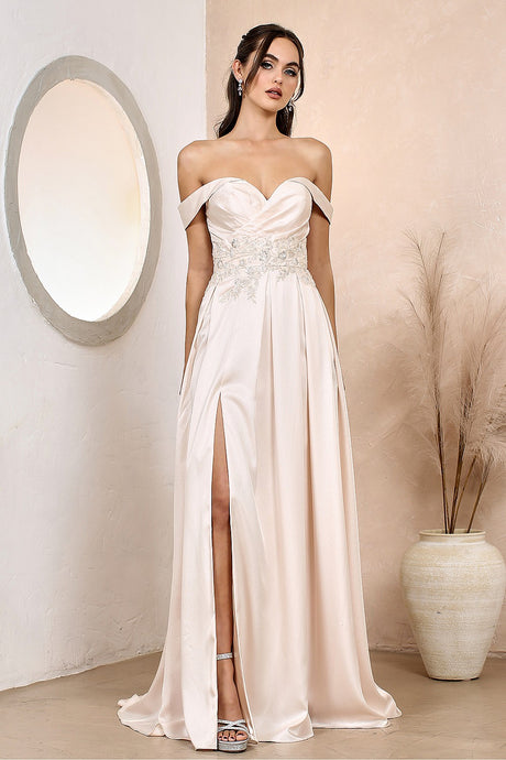 Champagne Beaded Satin Off Shoulder A-Line Slit Gown