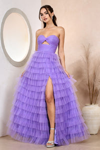 Lavender Tiered A-Line Dress With Slit And Strapless Long Design