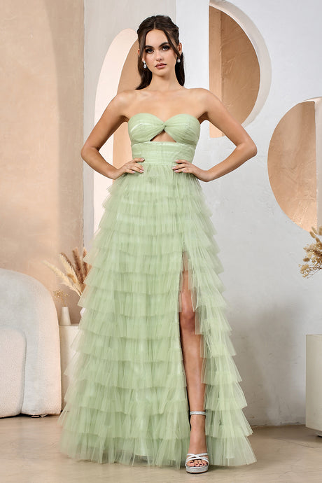 Sage Tiered A-Line Dress With Slit And Strapless Long Design