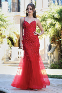 Red Lace Embroidered Tulle Embroidered Evening Gown