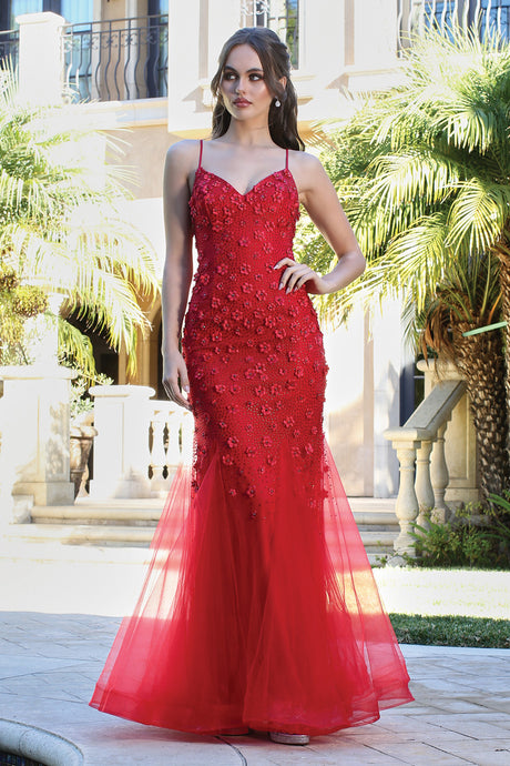 Red Lace Embroidered Tulle Embroidered Evening Gown