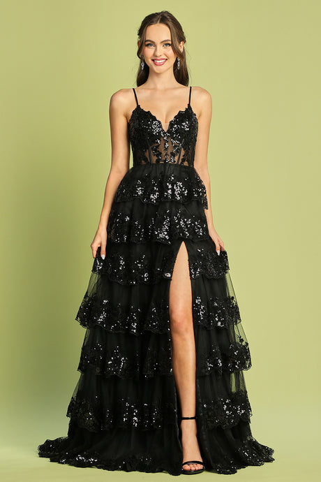Black A-Line Slit Gown With Tiered Sleeveless Applique Design