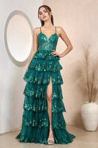 Emerald A-Line Slit Gown With Tiered Sleeveless Applique Design