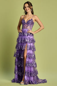 Lavender A-Line Slit Gown With Tiered Sleeveless Applique Design