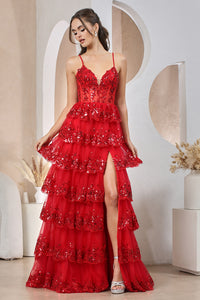 Red A-Line Slit Gown With Tiered Sleeveless Applique Design