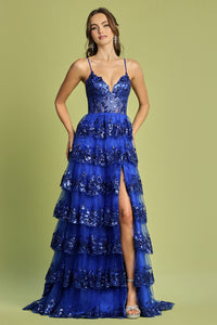 Royal Blue A-Line Slit Gown With Tiered Sleeveless Applique Design