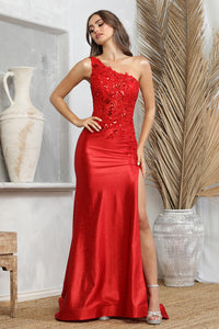 Red Off-Shoulder Embroidered Slit Evening Dress