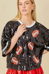 Black Game day Sequin Foot Ball Flocking Crop Top