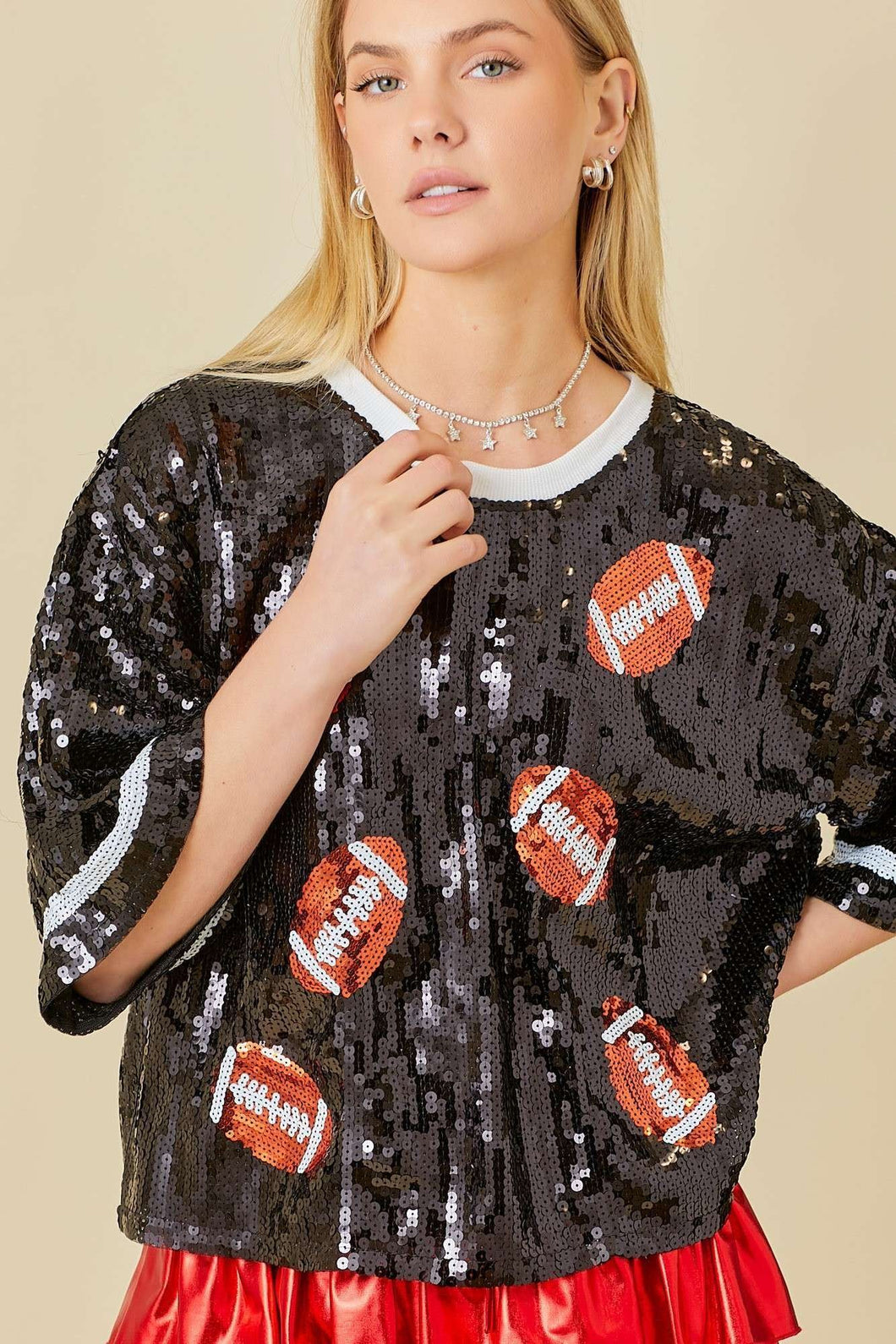 Black Game day Sequin Foot Ball Flocking Crop Top