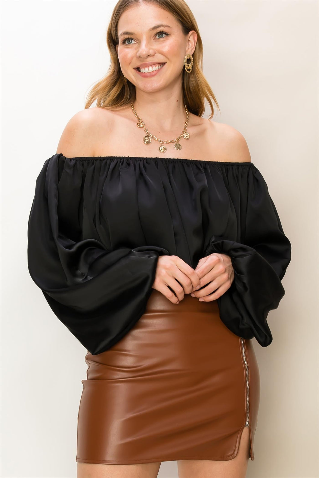 Black Off-Shoulder Satin Balloon Sleeve Top