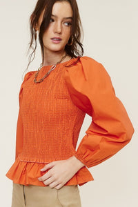 Orange Ruched Peplum Hem Blouse With Puff Sleeves